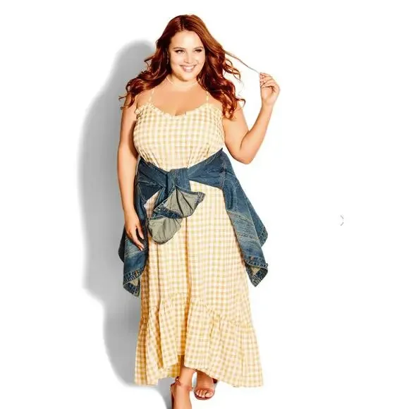knee length dresses for ladies Ladies 70s Yellow & White Gingham Swiss Dot Maxi Dress